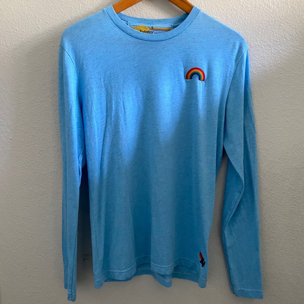 Aviator Nation Light Blue Rainbow Embroidered Long Sleeve Tee Shirt‎ Small